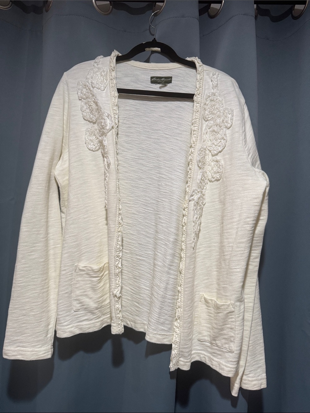 Eddie Bauer White Crochet-Trim Open Cardigan